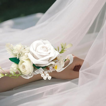 Wrist Corsage and Boutonniere Set, Artificial Rose Corsage Wristlet and Boutonniere for Wedding Prom Party (White, 2pcs)