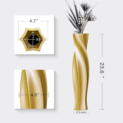 Tall Vases - 23.6" Tall Floor Vase for Home Decor, Floor Vases, Black Hexagon Twist Floor Vase, Fits Into Hay/Pampas Grass, Living Room, Office, Wedding Decor (Resin Gold)