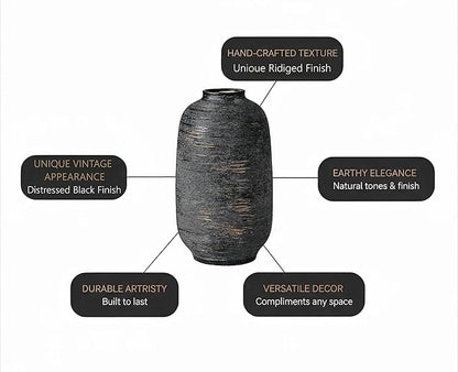 Black & Tall Ceramic Rustic Vase, 10.8 Inch Large Textured Flower Vase, Farmhouse Decorative Floral Pottery for Home Decor Table Living Room Entryway Mantel Bedroom Bathroom Kitchen (Black Bronze)