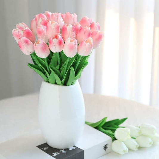 30 Pcs Fake Latex Tulips Artificial Flowers Real Touch Tulips for Spring Decorations for Home, Wedding Party Decorations (Pink)