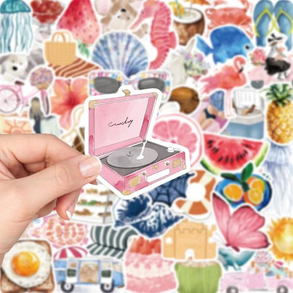 100 PCS Pink Aesthetic Stickers for Woman, Watercolor Summer Stickers for Water Bottles,Laptop Scrapbook Journaling Skateboard Surfboard Vinyl Waterproof Decorative Decals for Adults