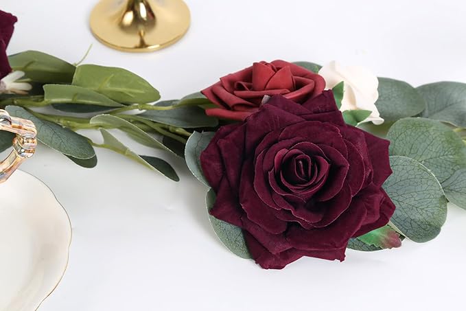 Burgundy Roses 16pcs Artificial Velvet Roses Maroon Flowers 4.3" Burgundy Fake Flowers Dark Red Roses for Wedding Bouquet Flowers for Floral Centerpieces Home Party Decor (Burgundy)