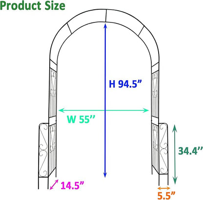 Metal Garden Arch, Assembly Garden Arbor Trellis Climbing Plants Support Rose Arch Outdoor Wedding Arch Party Events Archway (W55'' x H94.5'', Black)