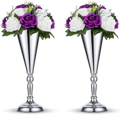 2 Pcs/ Set Tabletop Silver Metal Wedding Flower Trumpet Vase Table Decorative Centerpiece Artificial Flower Arrangements for Anniversary Ceremony Party Birthday Event Aisle Home Decoration