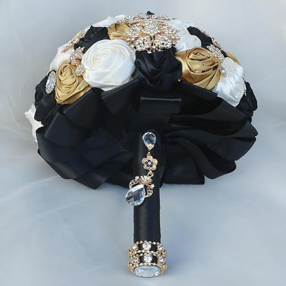 Handmade Satin Rose Floral Bling Pearl Decor Bridal Wedding Bouquet Rhinestone Pendant Artificial Brooch Flowers for Bride Bridesmaid Quinceanera