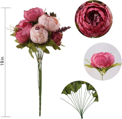 Flojery Silk Peony Bouquet Vintage Artificial Peonies Flower for Home Wedding Party Decor (1pcs, Dark Pink)