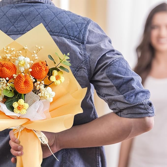 Crochet Flower Tulip Bouquet: Handmade Artificial Flower Knitted Sunflower Bouquet for Festival Wedding Graduation Anniversary (Orange)