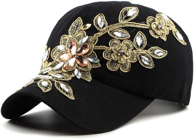Gudessly Bling Women Baseball Cap Flower Snapback Rhinestone Sun Hats Adjustable Denim Jeans Hat