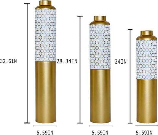 Metal Floor Vases Decorative, Set of 3 Flower Arrangement Stand, Gold＆White Hexagon Metal Floor Vases for Living Room, Bedroom & Entryway, 32.6", 28.34", 24" H (Gold＆White Hexagon)