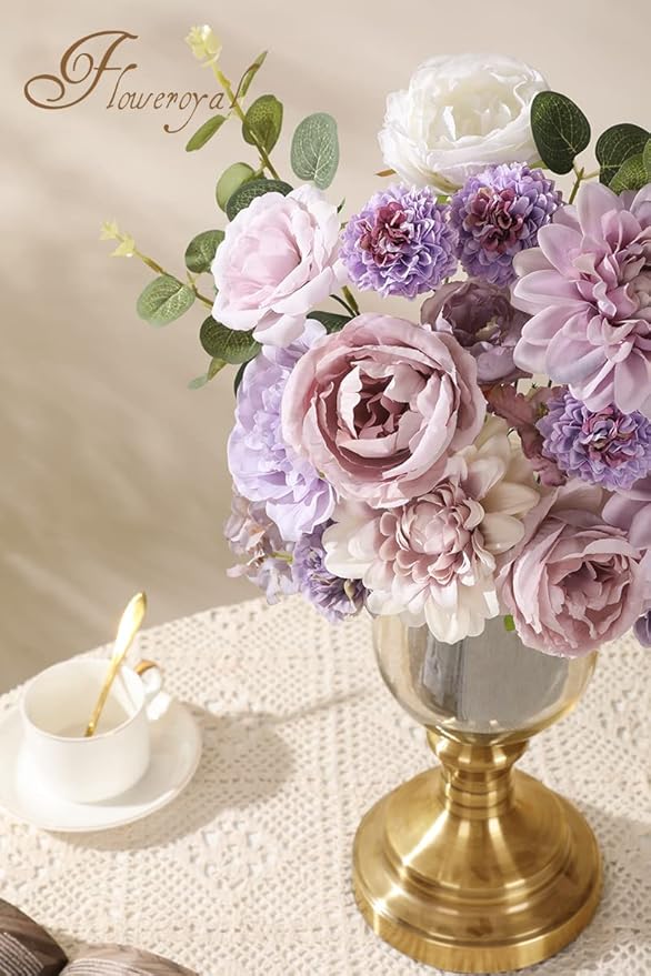 Floweroyal Artificial Flowers Combo Purple Flowers Mix Silk Flowers Dahlia Roses with Stems for DIY Wedding Bridal Bouquets, Baby Shower, Floral Arrangement, Table Centerpieces, Home Decorations.