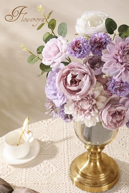 Floweroyal Artificial Flowers Combo Purple Flowers Mix Silk Flowers Dahlia Roses with Stems for DIY Wedding Bridal Bouquets, Baby Shower, Floral Arrangement, Table Centerpieces, Home Decorations.