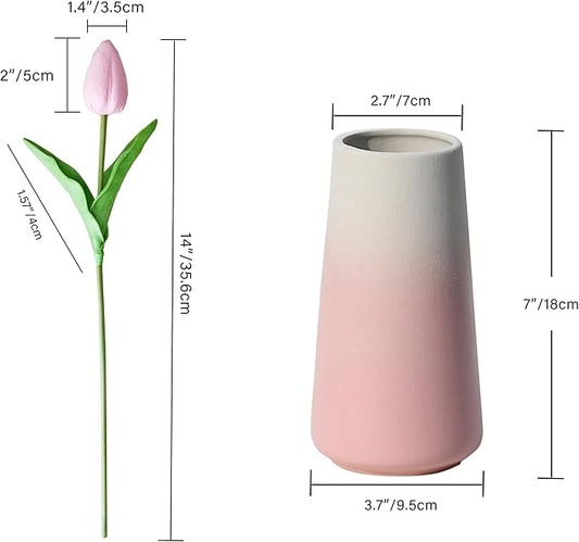 Mandy's Artificial Tulips 28 Stems Light Pink with Gradient Pink Vase PU Faux Flowers for Thanksgiving and Christmas Decorations Wedding Home Decor 13.5 Inch