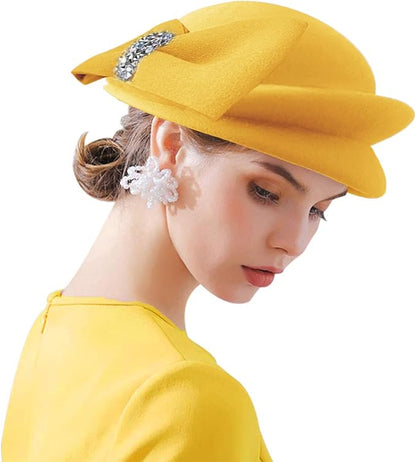 ORIDOOR Women Vintage 100% Wool Felt Flowers Bucket Cloche Bowler Hat Church Wedding Beret Hat