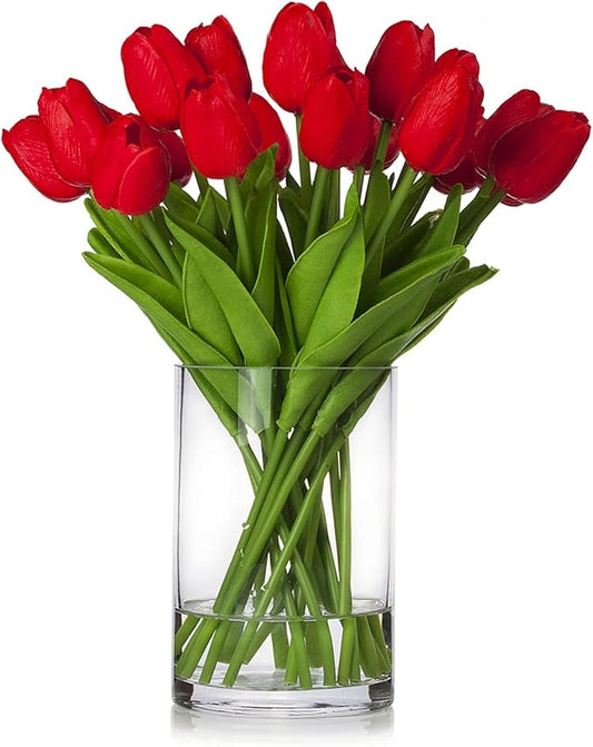 ENOVA FLORAL 20 Pieces Real Touch Artificial Tulips Flowers in Vase, Fake Red Tulips with Vase and Faux Water for Home Wedding Decoration, Dining Table (Red)