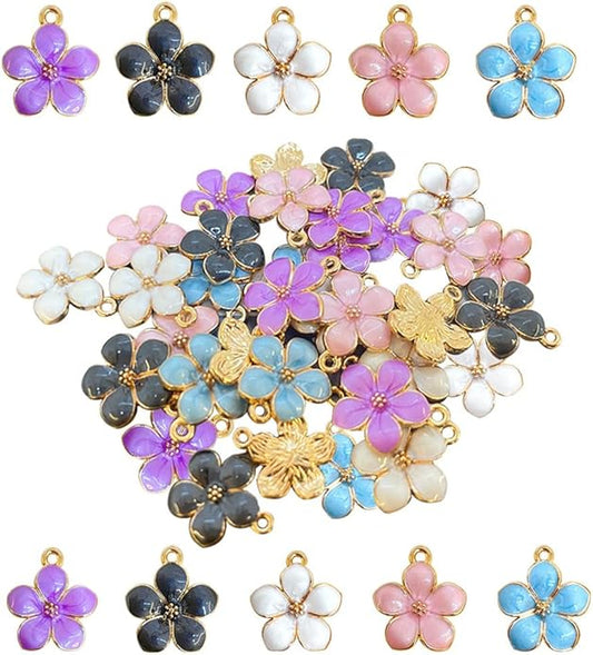 30 pcs Gold Plated Enamel Cherry Blossoms Flower Charms Pendan Cute Small Flower Pendants for Jewelry Making Kit Bracelet Necklace Earrings Keychain DIY Crafts Crafting