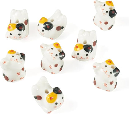 Beadthoven 8Pcs Lucky Cat Porcelain Beads 3D Yellow White Handmade Craft Beads Animal Ceramic Cat Printed Ceramic Spacers with Hole for DIY Necklace Bracelet Keychain Craft Jewelry Making