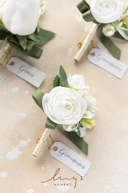 Ling's moment Boutonniere for Men, 6pcs Groom Groomsmen Boutonniere, Artificial Flowers for Wedding Decor/Prom/Homecoming, etc.White Ranunculus Pearl
