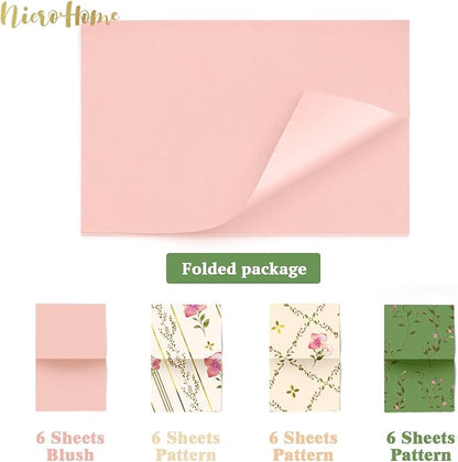 NICROHOME EUR 24 Sheets Floral Tissue Paper, Sage Green and Pink Small Tissue Wrapping Paper for Gift Bags, Birthday, Wedding, Flower Bouquet, Bridal Shower, Christmas Gift Tissue Paper 15x20Inch