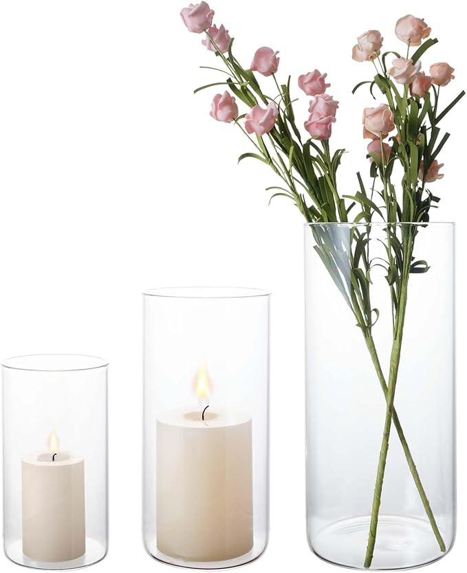 Hurricane Glass Candle Holder Clear Cylinder Vases, Pillar Candle Holders For Floating Candles Table Centerpiece Modern Glass Vases For Weeding Centerpieces Decoration Party Home Decor (3 Sets, S+M+L)