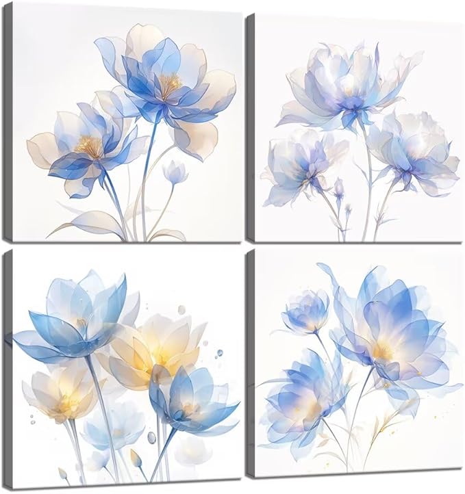 Pankila Blue Flickering Flower Abstract Canvas Wall Art Floral Poster Modern Flowers Pictures Wall Decor for Living Room Bedroom Bathroom Home Decorations Framed Artwork (20''W x 20''H x 4)