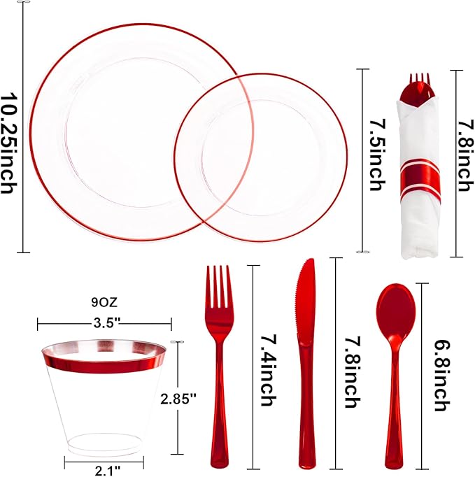 SUT 350 Pcs Red and Clear Plastic Dinnerware Set for 50 Guests, Include: 50 Dinner Plates, 50 Dessert Plates, 50 Pre Rolled Napkins With Silverware, 50 Cups, Disposable Plates for Party, Christmas