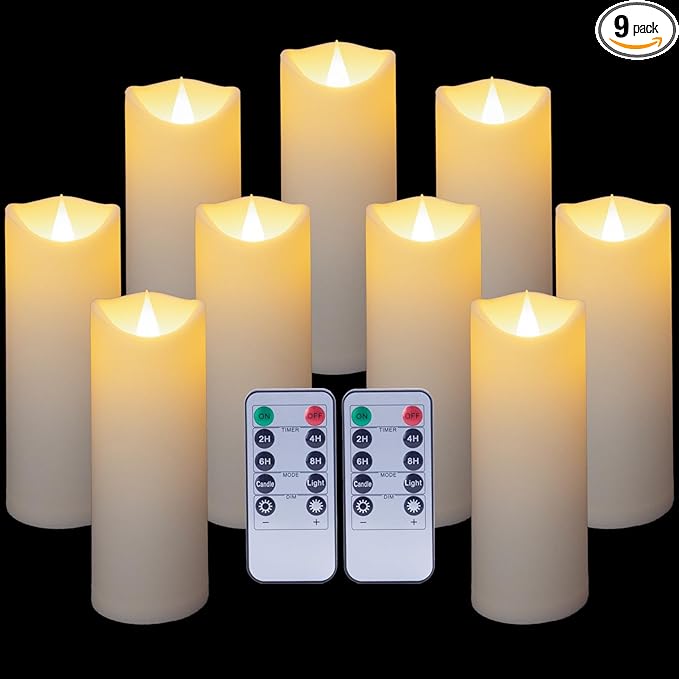 Enido 9 Pc Flickering Flameless LED Candles with Remote Timer for Romantic Ambiance and Home Decoration Battery Operated Pillar with 3D Flame (D: 2.2” x H: 5”, 6”, 7”)