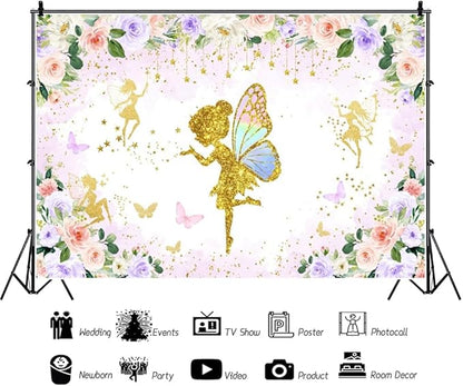 Renaiss 7x5ft Floral Fairy Backdrop Pink Gold Flower Butterflies Golden Glitter Princess Fairy Birthday Party Photography Background for Girl Baby Shower Decor Photo Studio Props