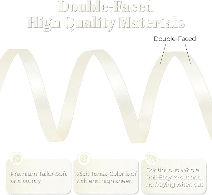 Ivory Satin Ribbon, Double Faced 1/4 Inch X 50 Yards Ivory Ribbon, Premium Satin Ribbons for Gift Wrapping, Crafts, Hair Bow Making, Sewing, Flower Bouquet, Wedding Party Decor