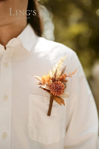 Ling's moment Wedding Artificial Flowers Package, Bridal Bouquet, Bridesmaid Bouquets, Boutonniere for Men, Rose Petals.Boho Dried Rustic Orange