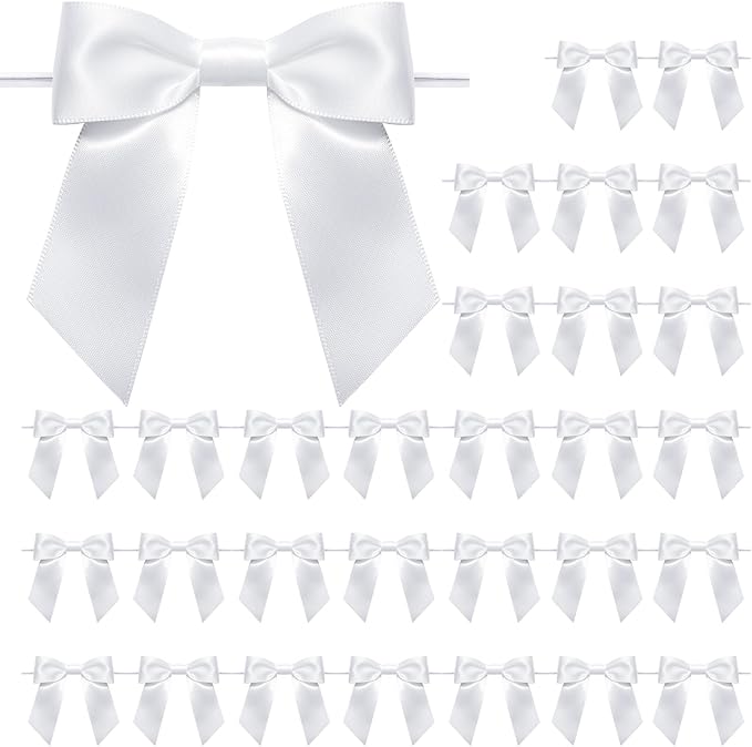 WRAPAHOLIC 30 Pcs 3" White Satin Ribbon Bows with Twist Tie - Pretied Premade Craft Bows for Christmas Party Crafts Treat Bags Gift Wrapping Wedding Birthday Baby Shower