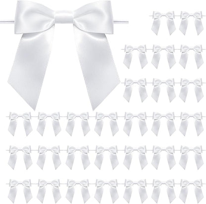 WRAPAHOLIC 30 Pcs 3" White Satin Ribbon Bows with Twist Tie - Pretied Premade Craft Bows for Christmas Party Crafts Treat Bags Gift Wrapping Wedding Birthday Baby Shower