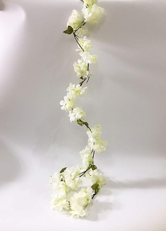 Artificial Cherry Blossom Vine Hanging Plants Faux Sakura Garland Fake Oriental Cherry Wreath Artificial Flower 5.8 FT White