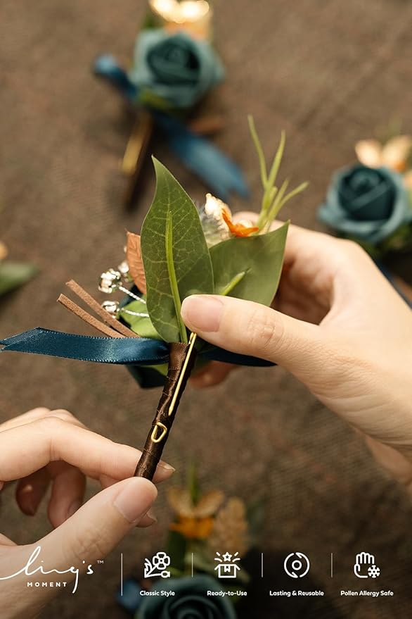 Ling's moment Boutonniere for Men, 6pcs Groom Groomsmen Boutonniere, Artificial Flowers for Wedding Decor/Prom/Homecoming, etc.Dark Teal Burnt Orange