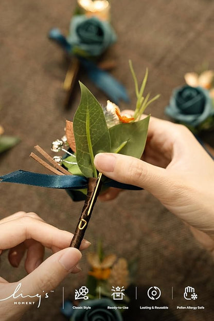 Ling's moment Boutonniere for Men, 6pcs Groom Groomsmen Boutonniere, Artificial Flowers for Wedding Decor/Prom/Homecoming, etc.Dark Teal Burnt Orange