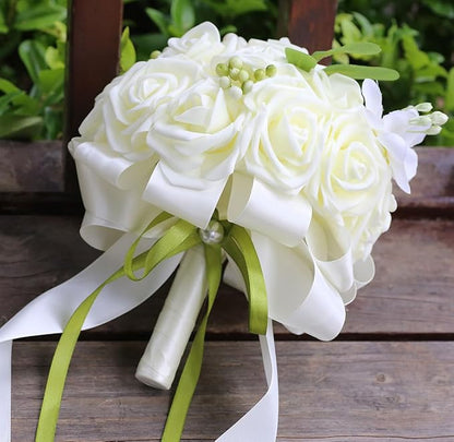 Lightweight Bridal Wedding Bouquet Round Holding Bouquet Throw Toss Artificial Rose Flower Bunch for Bride Bridesmaid Wedding Quinceanera (Cream, 9.1")