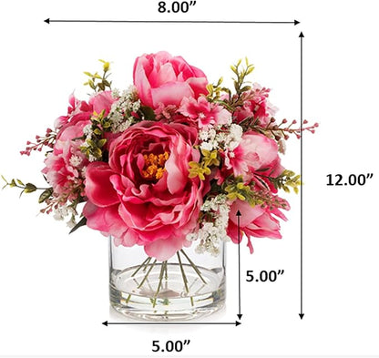 ENOVA FLORAL Artificial Silk Flower Arrangement with Vase,Mixed Artificial Silk Peony Flower in Vase for Decoration Home Office, Wedding Centerpiece (Fushia)