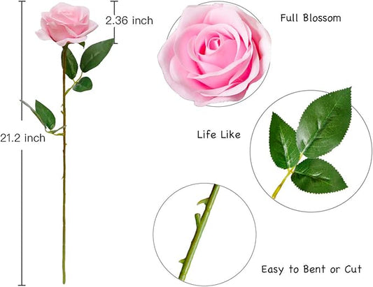 DuHouse 10pcs Fake Roses Artificial Silk Flowers Faux Rose Flower Long Stems Bouquet for Arrangement Wedding Centerpiece Party Home Kitchen Decor (Pink)