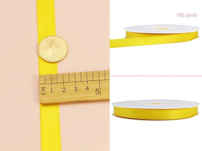 Yellow Double Faced Satin Ribbon 5/8 Inch (15mm) - 100 Yards Continuous Fabric Silk Bow for Flower Boutique, Gift Wrapping, Christmas, DIY Crafts, Hair Headband, Sewing, Wedding Decoration