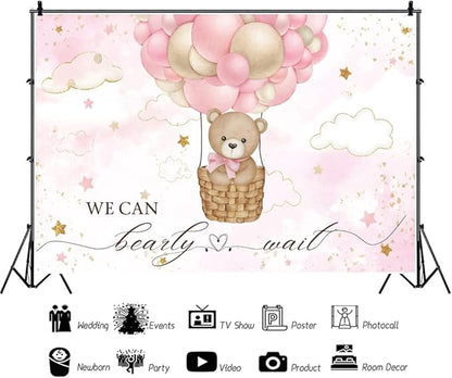 ChloropLastid We Can Bearly Wait Baby Photo Backdrop 8x6ft Pink Hot Air Balloon Bear Background for Baby Balloons Clouds Stars Girl Baby Shower Newborn Party Cake Photo Decoration
