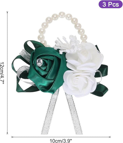MECCANIXITY 3Pcs Wrist Corsage Artificial Flower Bracelets Rose Wrist Bride Groom Decorative for Wedding Ceremony Prom Party Anniversary Dark Green
