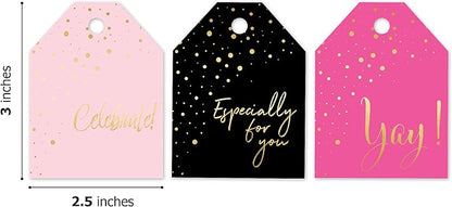 Pro Supply Global 24 Count of 2.5 Inch x 3 Inch Pre Strung Gold Confetti Gift Tag Assorted Printed Designs on Large Cardstock Gift Hang Tags - Ideal to Use on Bags