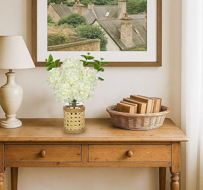 Hollyone White Hydrangea Artificial Flowers in Woven Glass Vase with Faux Water Silk Hydrangeas Fake Flowers Floral Arrangement for Home Indoor Bathroom Kitchen Office Table Centerpiece Shelf Decor