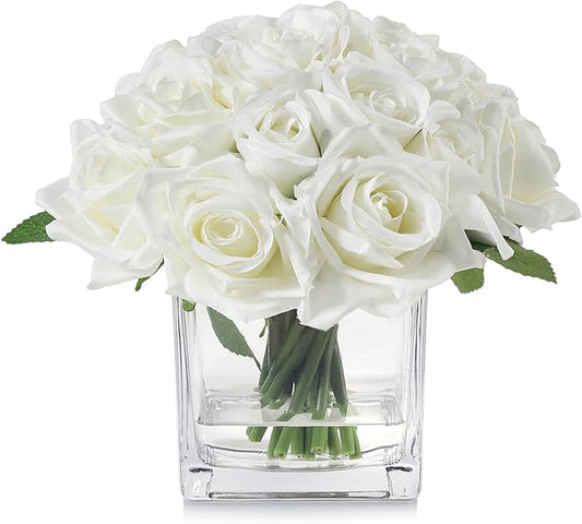 18 Heads Faux Rose Flowers in Vase, Fake Rose Flowers Arrangement in Vase with Fake Water for Dining Table, Wedding Decor (Cream)
