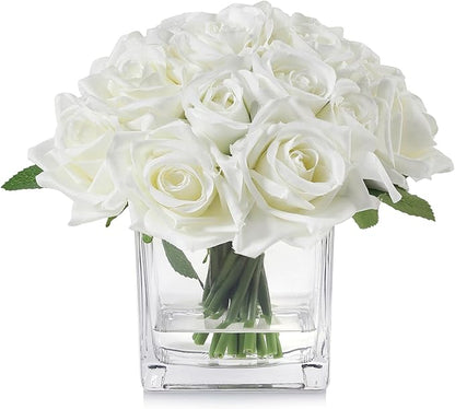18 Heads Artificial Flowers in Vase with Fake Water, Faux Rose with Vase for Dining Table Bedroom Wedding Decor (Cream)