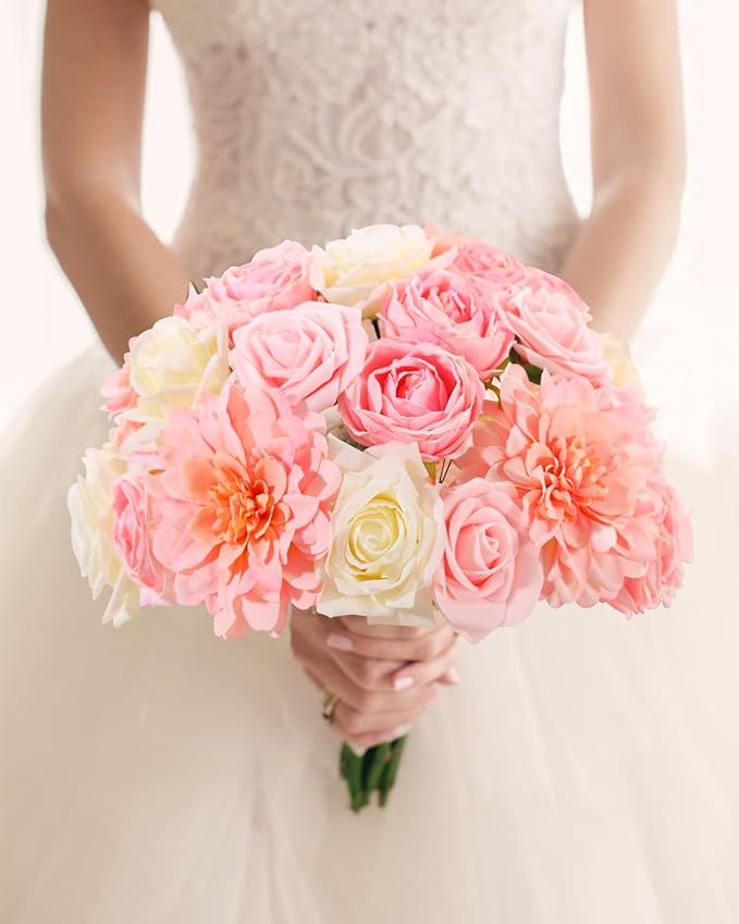 Senseya Artificial Flowers Combo, Peach Pink Silk Roses, Peonies, Dahlias with Stems for DIY Wedding Bouquets, Baby Shower, Table Centerpieces, Home Decor, Fake Floral Arrangements, Party Decorations