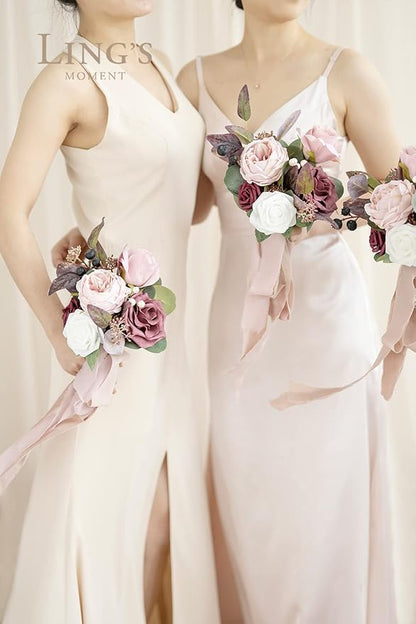 Ling's moment Artificial Flowers Pink Bridesmaid Bouquet Set of 6, Dusty Rose & Mauve Wedding Flowers Bouquets for Bridesmaids, 7 Inch Bridal Bouquets for Bridesmaids, Wedding, Ceremony, Anniversary,