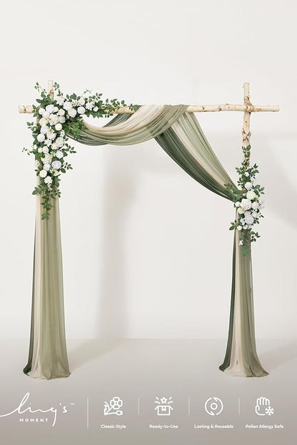 Ling's moment Wedding Arch Flowers with Drapes Kit-Pack of 5, 2pcs Flower Arrangements 3pcs Sheer Hanging Drapes Ceremony Arbor Backdrop Artificial Rose Floral Decor, White & Sage