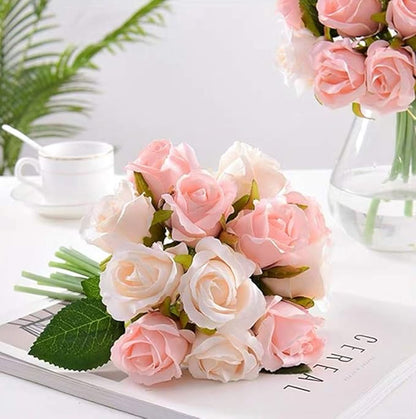 Jasion Artificial Roses Flowers 12 Heads Arrangement Silk Bouquet for Home Office Parties Bridal and Wedding Decoration (Pink with Champagne)