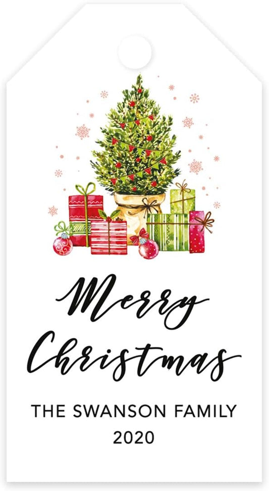 Andaz Press Personalized Christmas Holiday Season Classic Gift Tags, Merry Christmas Custom Family Name and Year, Christmas Tree with Presents Design, for Holiday Events, Parties, and Favors, 60-Pack