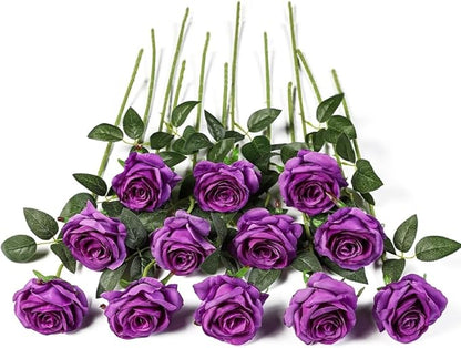 Kisflower 12Pcs Roses Artificial Flowers Purple Flowers Realistic Single Stem Flowers Silk Rose Bouquet for Wedding Party Office Home Decor (Purple)